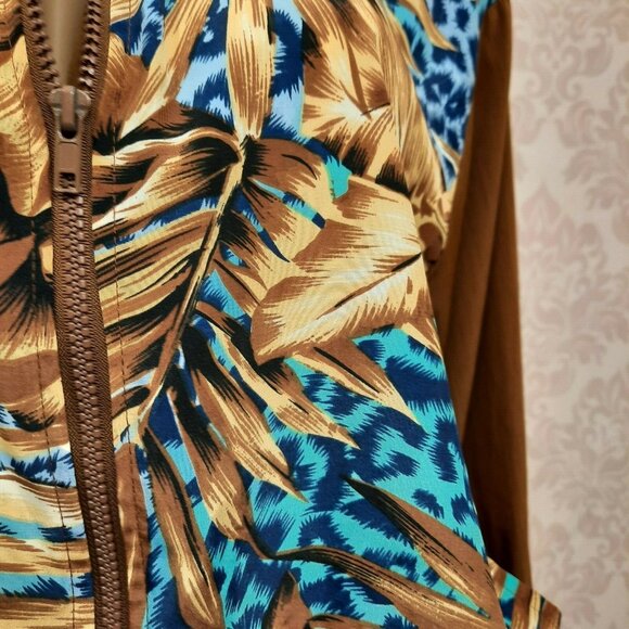 Vintage 80s Womens Bomber Jacket Blue Leopard Print Brown Palm Leaves Size S M - Picture 6 of 11